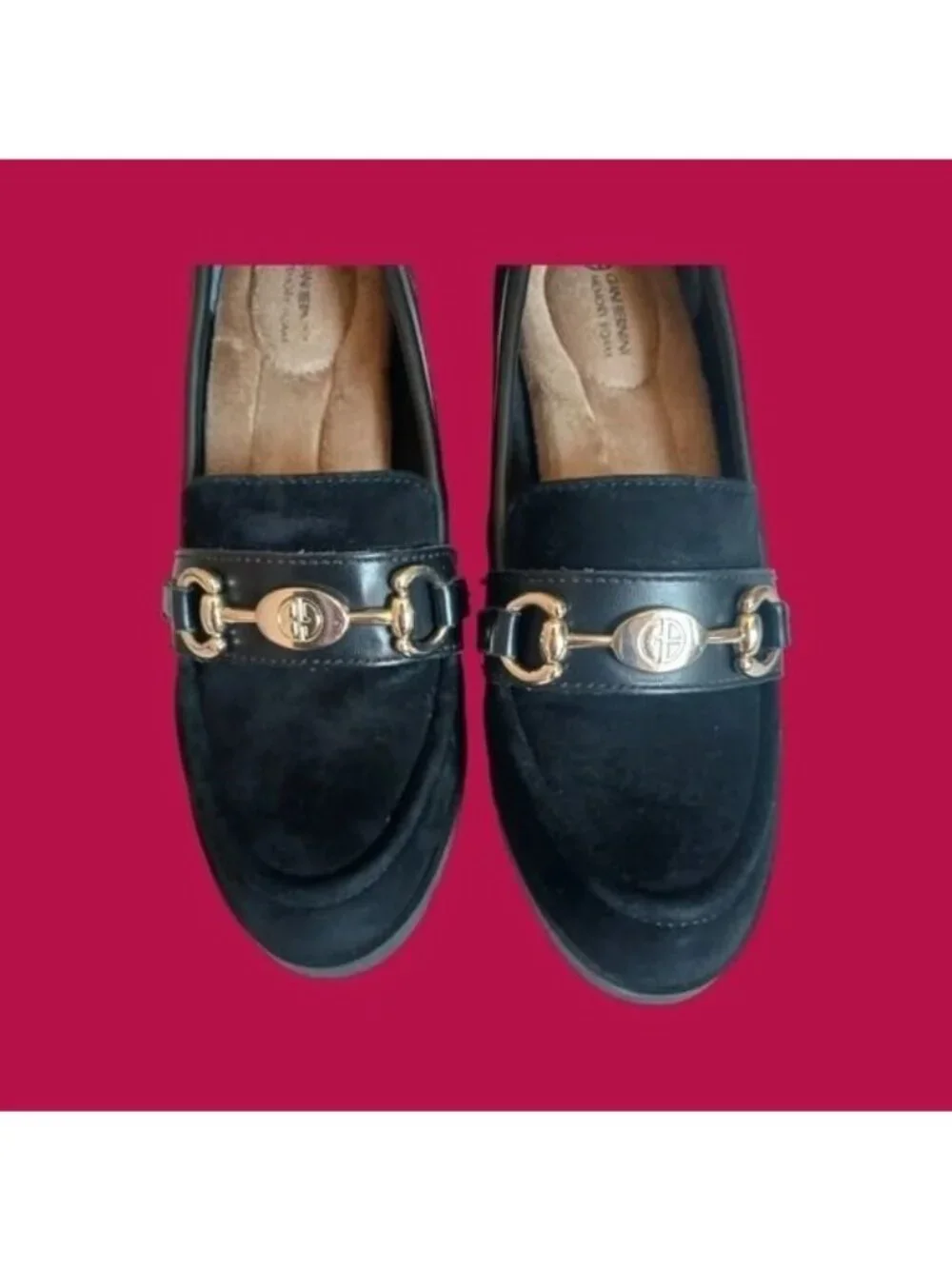 Giani Bernini Women’s Suede Loafer Pumps Gold Horsebit Block Heel Black Size 5M